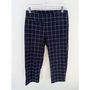 Zac & Rachel Womens Navy White Windowpane Plaid Cropped Pull On Pants Size 8